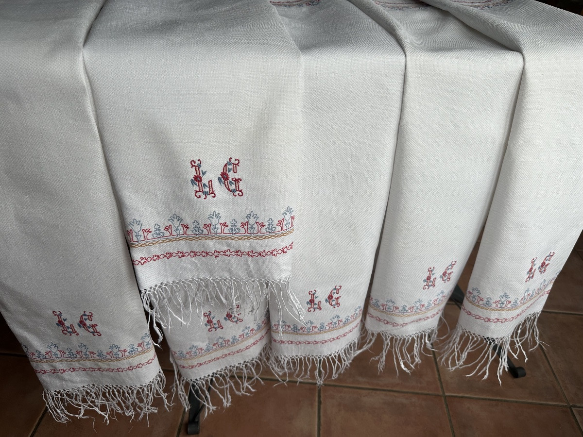 Six Antique Castle Napkins, Late 19th Century, Hand-embroidered, 60x90, Fringes 10 Cm-photo-4