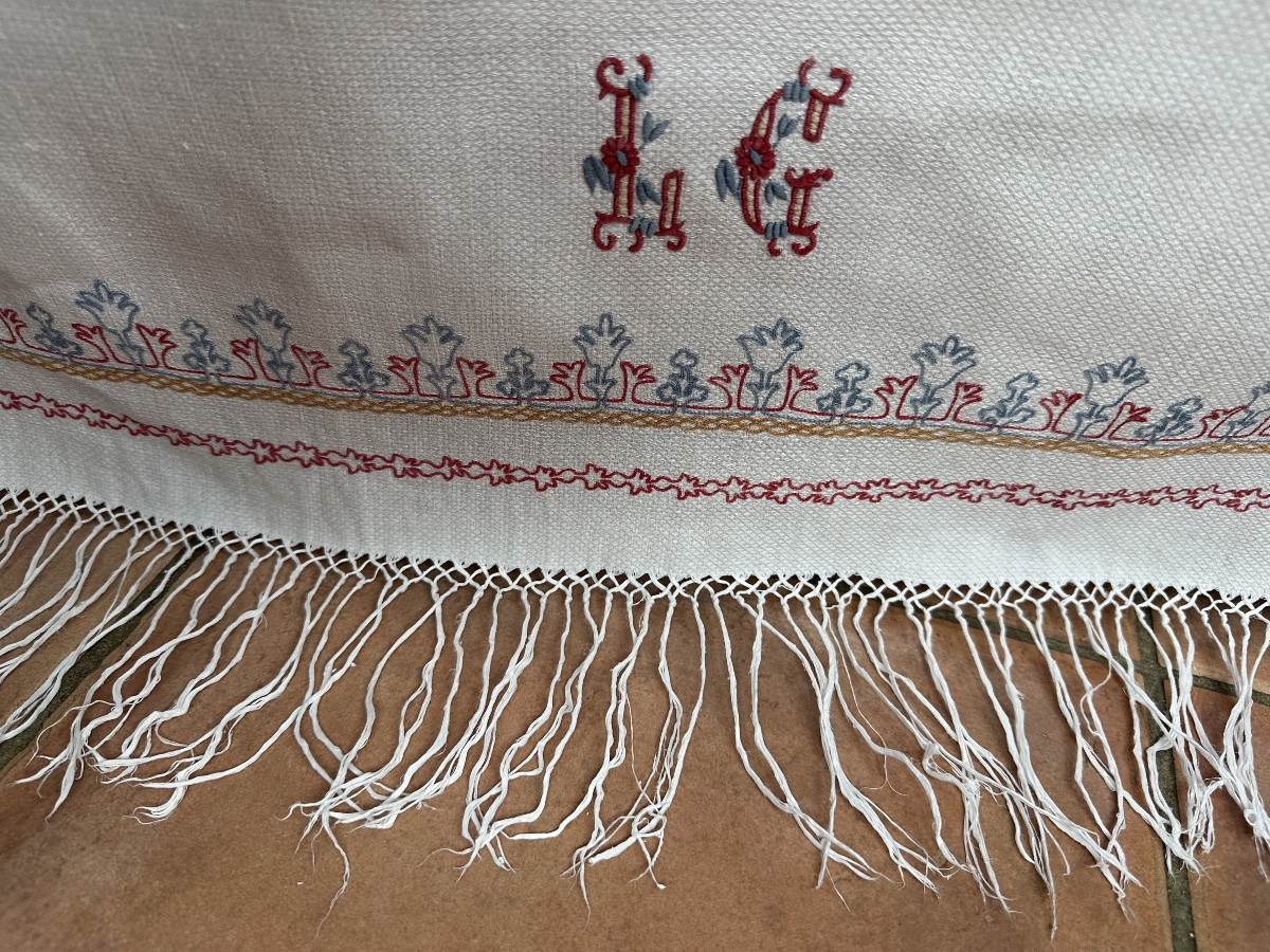 Six Antique Castle Napkins, Late 19th Century, Hand-embroidered, 60x90, Fringes 10 Cm-photo-3