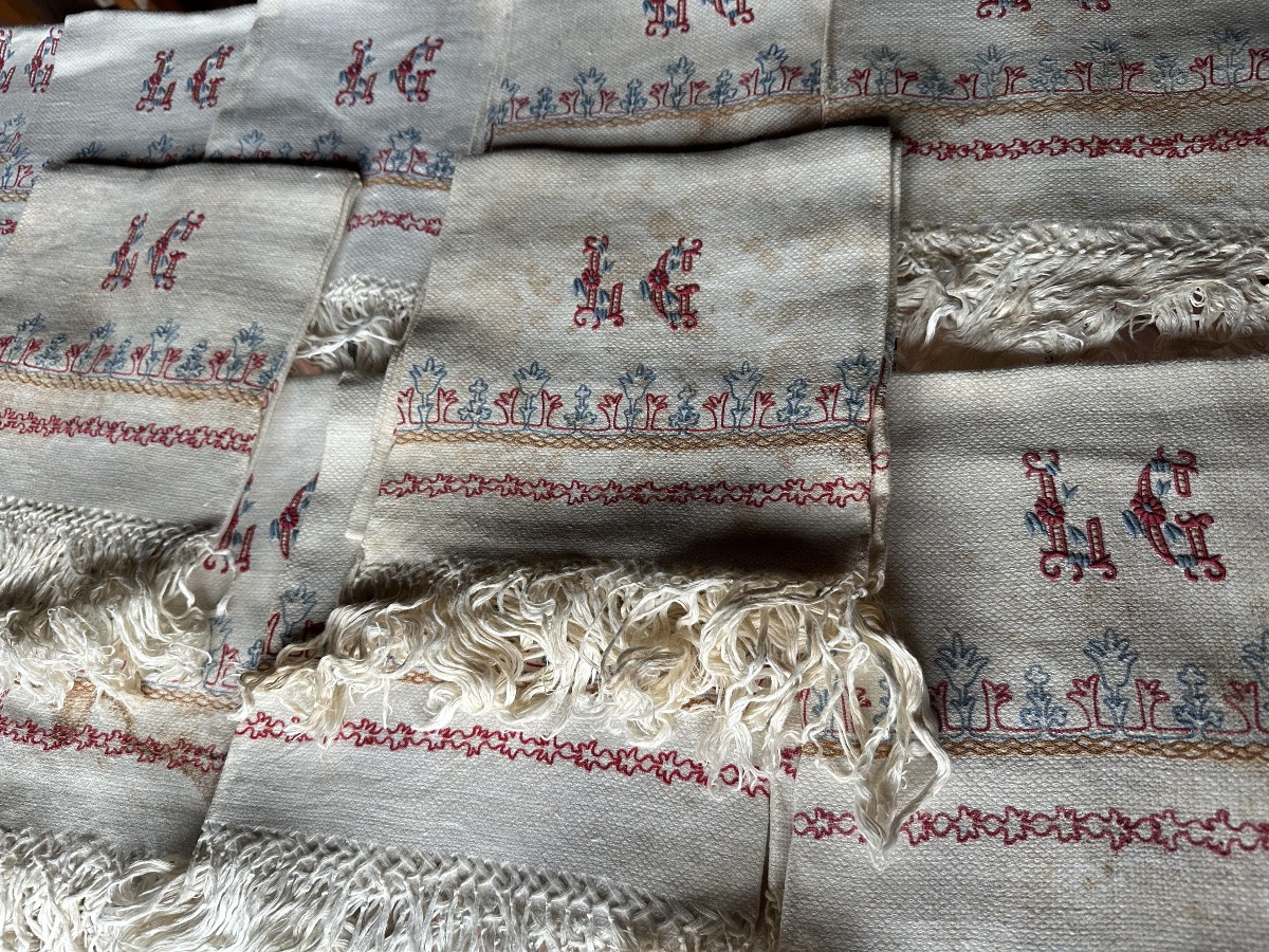 Six Antique Castle Napkins, Late 19th Century, Hand-embroidered, 60x90, Fringes 10 Cm-photo-8