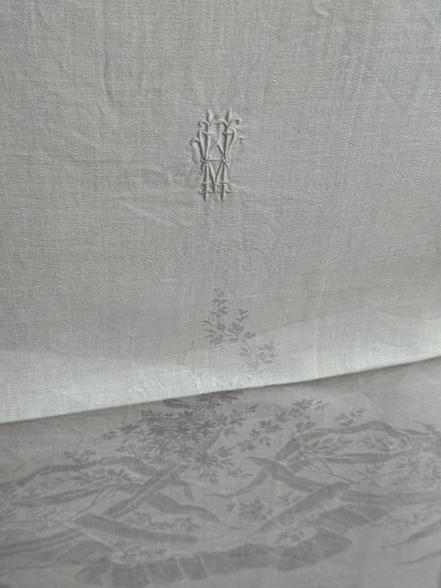 serviettes anciennes monogrammées HA damassé raffiné, oiseau  fil lin 90x72  XIXe siècle-photo-4