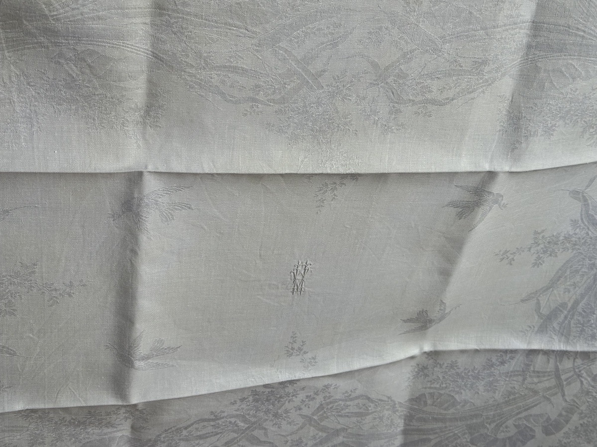 Antique Monogrammed Ha Damask Napkins, Fine Design, Bird Motif, Linen Thread, 90x72 Cm, 19th Century-photo-5