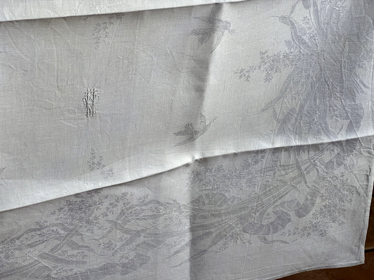 Antique Monogrammed Ha Damask Napkins, Fine Design, Bird Motif, Linen Thread, 90x72 Cm, 19th Century
