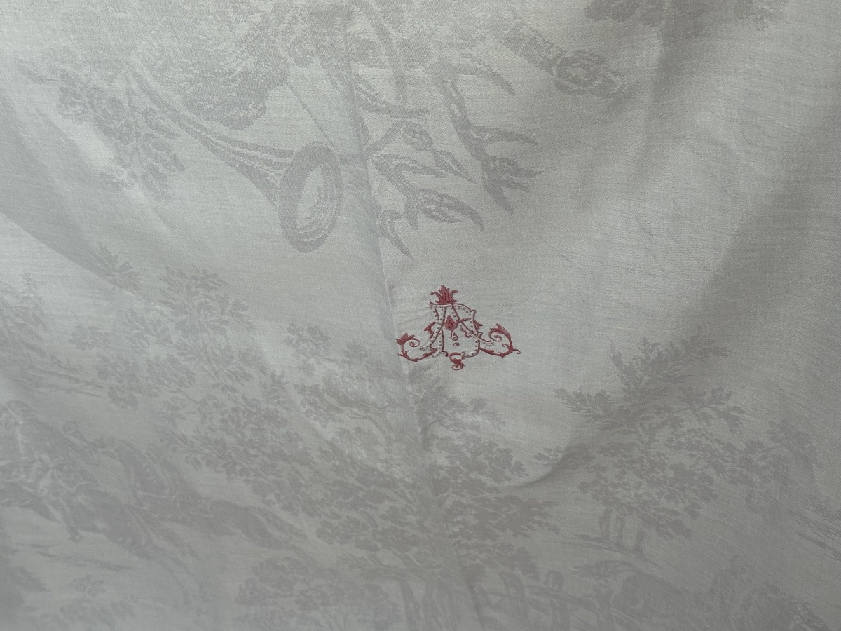 Antique Tablecloth In Refined Damask With A Fox Hunt Motif – Monogram Ha – Linen Thread – 19th Century-photo-3