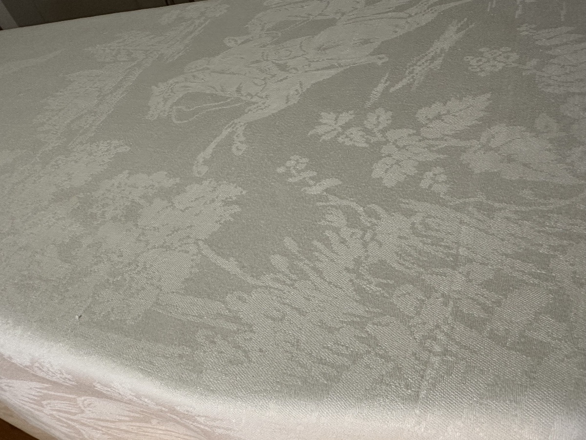 Antique Tablecloth In Refined Damask With A Fox Hunt Motif – Monogram Ha – Linen Thread – 19th Century-photo-4