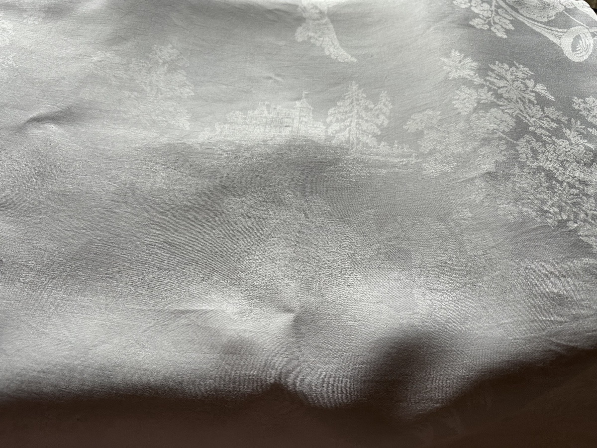 Antique Tablecloth In Refined Damask With A Fox Hunt Motif – Monogram Ha – Linen Thread – 19th Century-photo-2