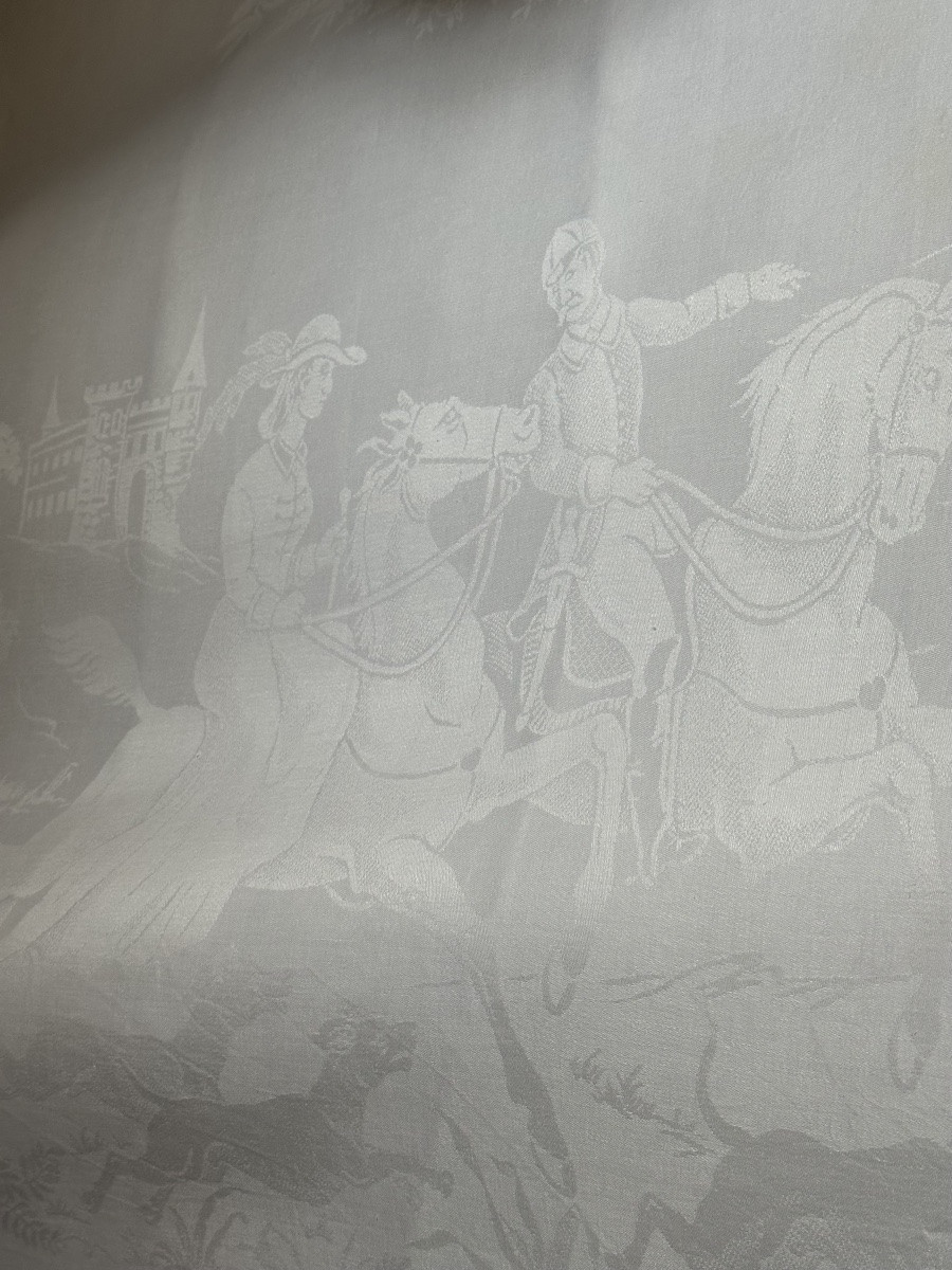 Large Antique Tablecloth 525x206, Hunting Scene, Horses, Riders, Deer, Castle, 19th Century-photo-2