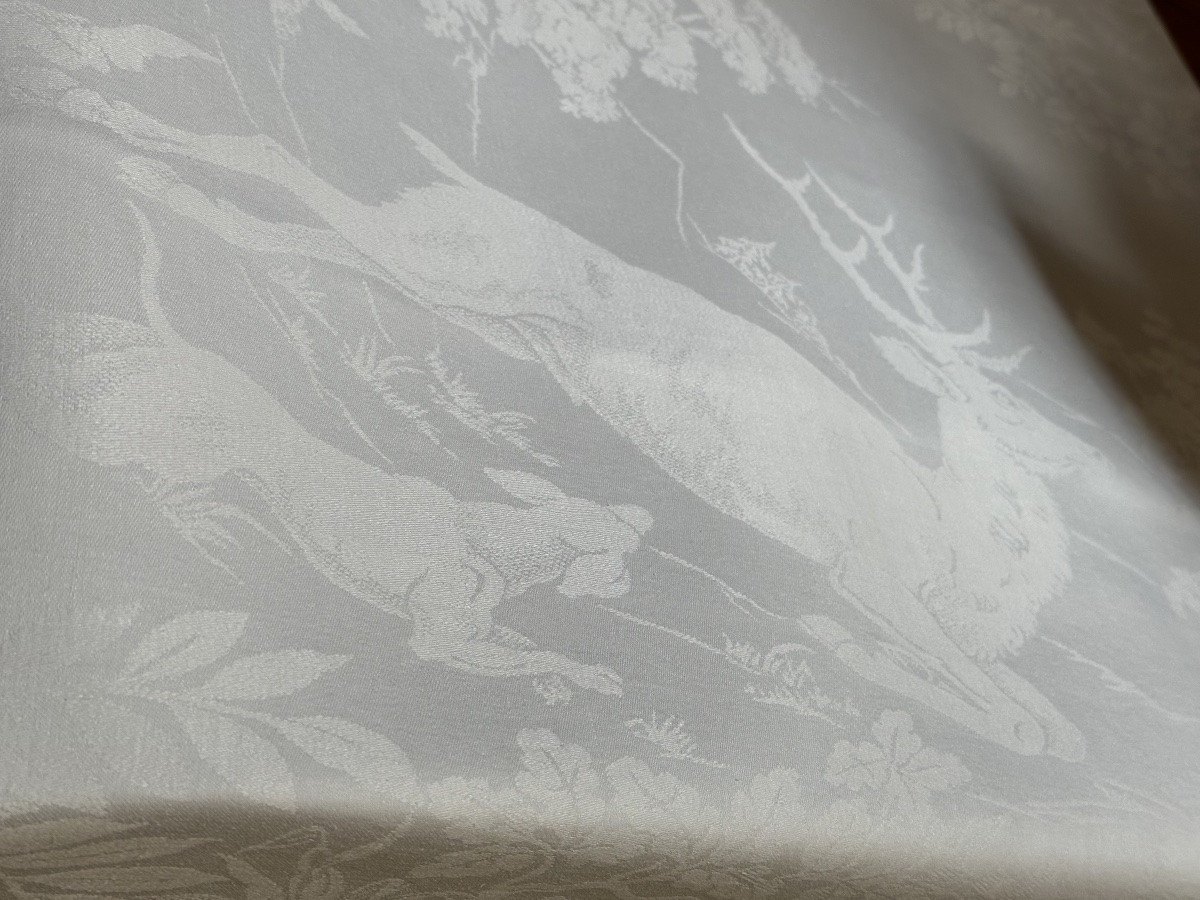 Large Antique Tablecloth 525x206, Hunting Scene, Horses, Riders, Deer, Castle, 19th Century-photo-3