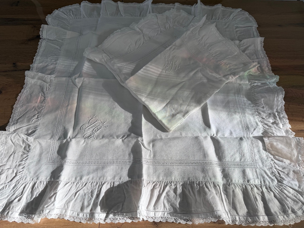 Linen Pillowcases And Pillowcases Set, 10cm Flounce, Monogrammed Bb, 86x86cm, 19th Century, Excellent Condition-photo-5