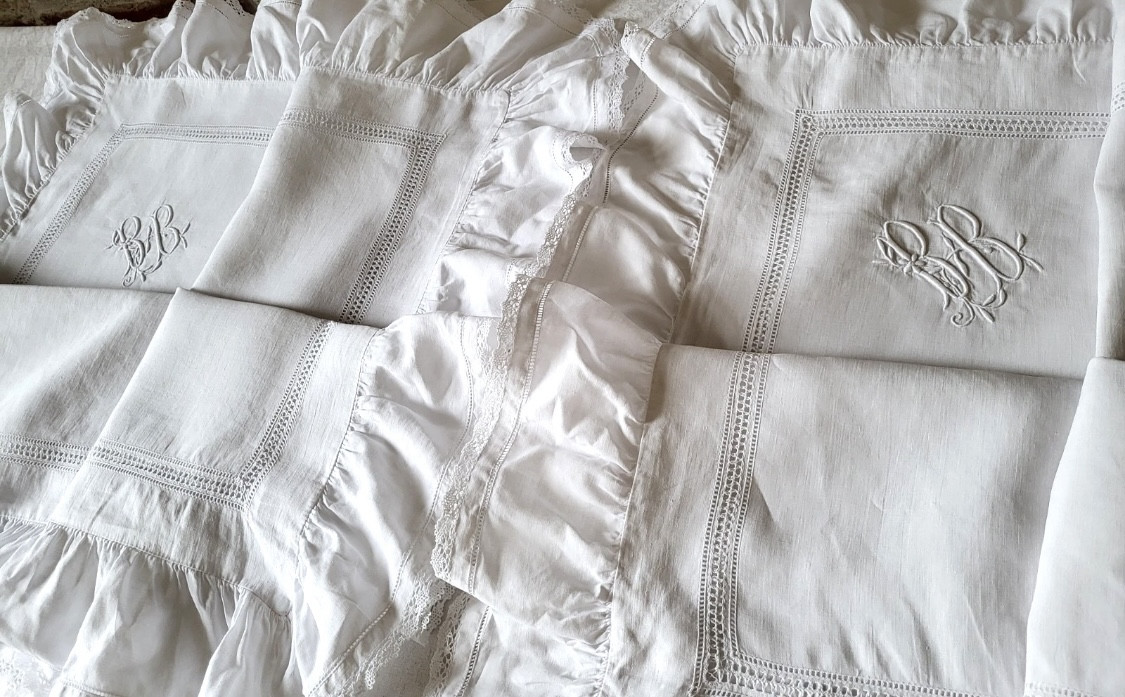 Linen Pillowcases And Pillowcases Set, 10cm Flounce, Monogrammed Bb, 86x86cm, 19th Century, Excellent Condition