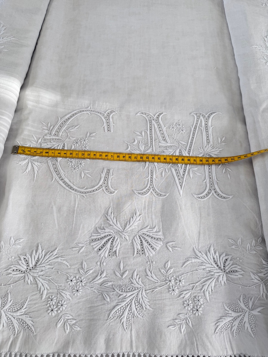 drap de mariage broderie blanche festonné  fil de lin, monogramme CM  fin XIXe siècle 236x350-photo-6