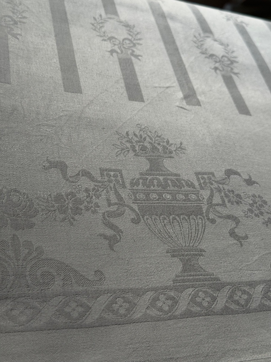 Grande nappe ancienne en pur fil damassé, décor Empire, personnalisable en monogramme – fin XIX-photo-2