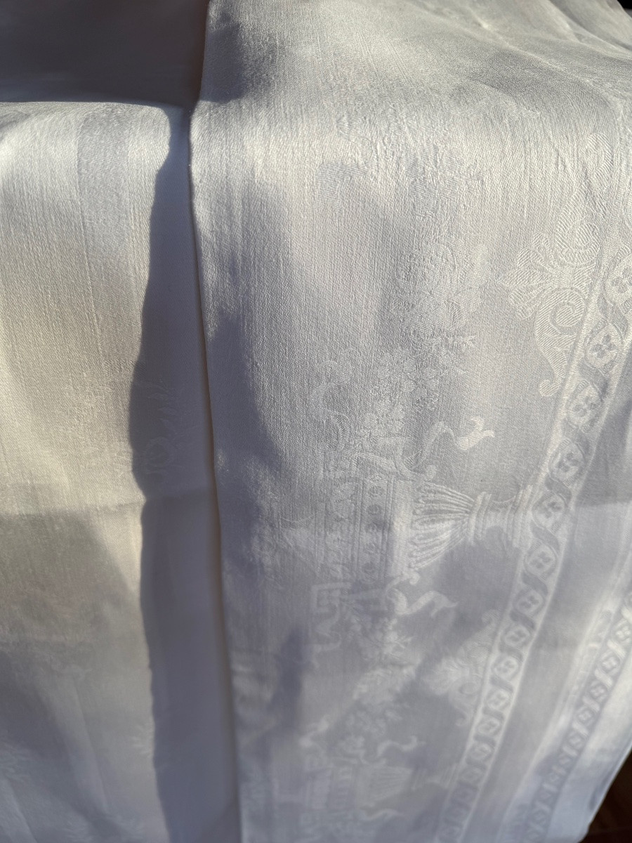 Grande nappe ancienne en pur fil damassé, décor Empire, personnalisable en monogramme – fin XIX-photo-6