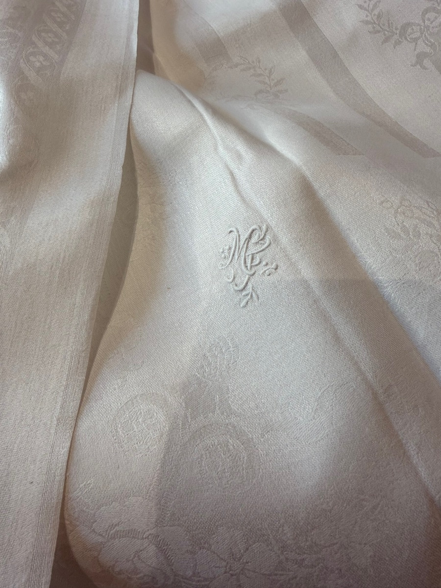Grande nappe ancienne en pur fil damassé, décor Empire, personnalisable en monogramme – fin XIX-photo-7