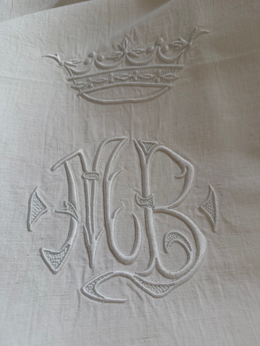 Drap ancien en métis brodé, monogramme M.B sous couronne de marquis, linge de château – fin XIX-photo-2