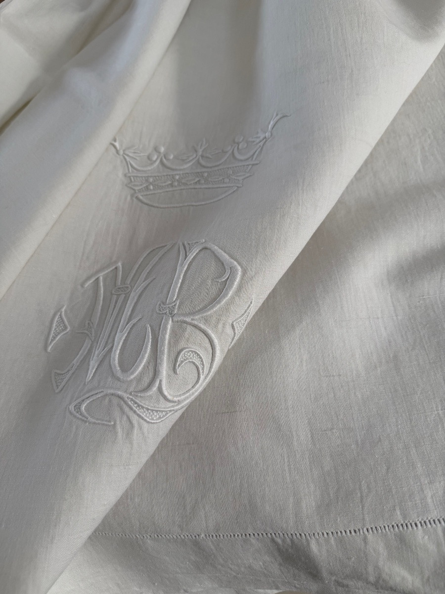 Drap ancien en métis brodé, monogramme M.B sous couronne de marquis, linge de château – fin XIX-photo-3