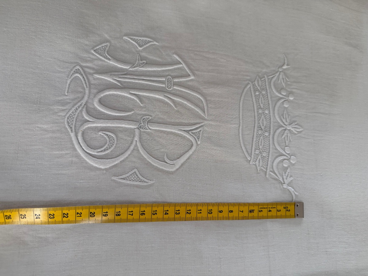 Drap ancien en métis brodé, monogramme M.B sous couronne de marquis, linge de château – fin XIX-photo-2