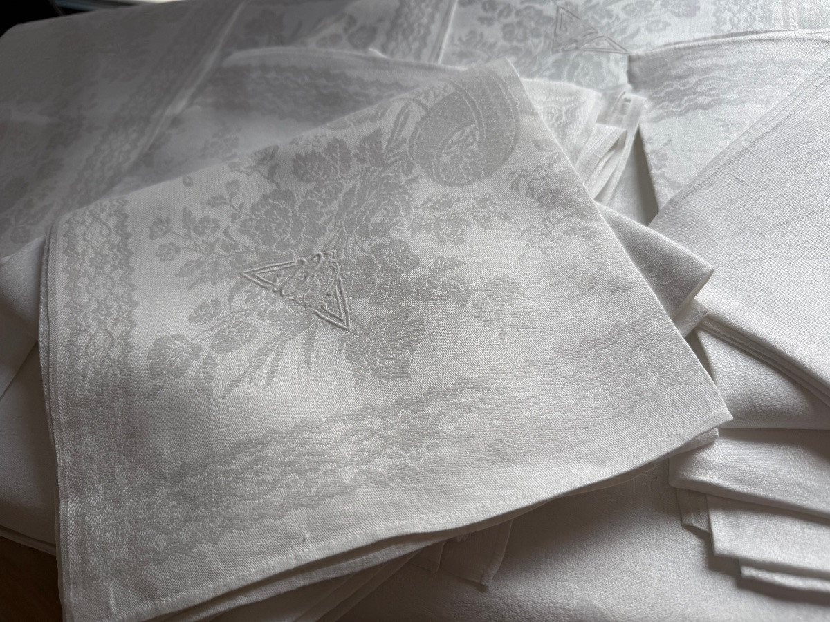 13 Antique Silk And Linen Napkins, Damask With Birds, Monogrammed Dd, Early 20th Century, 91x76cm-photo-2