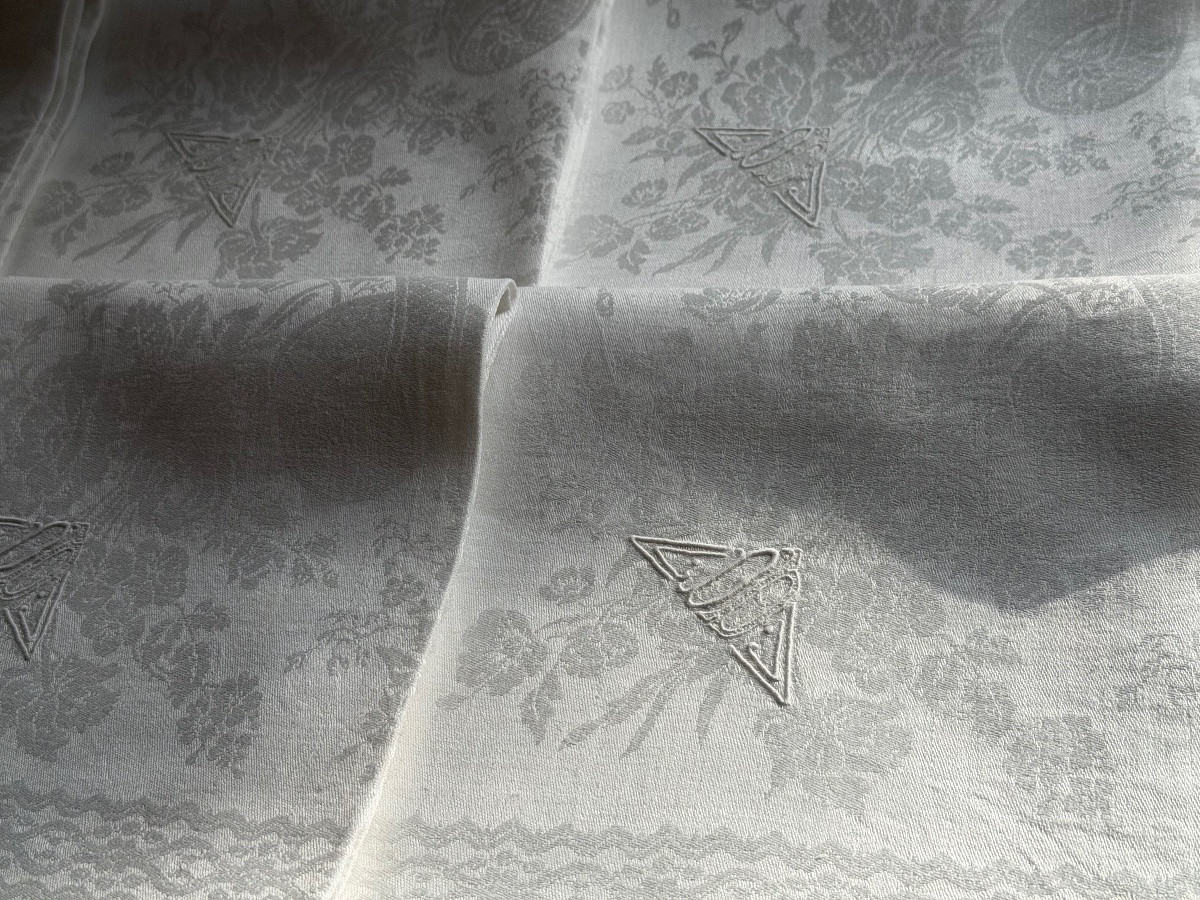 13 Antique Silk And Linen Napkins, Damask With Birds, Monogrammed Dd, Early 20th Century, 91x76cm-photo-4