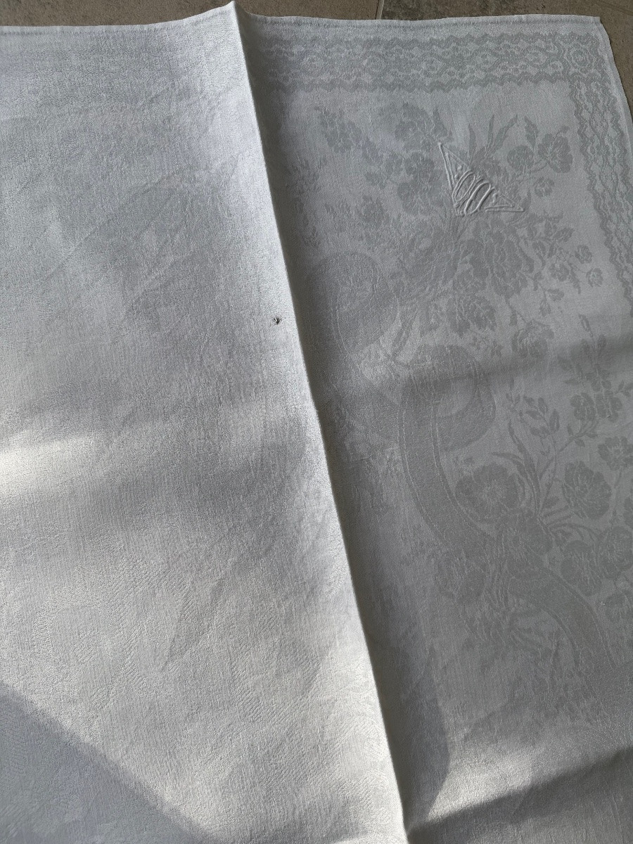 13 Antique Silk And Linen Napkins, Damask With Birds, Monogrammed Dd, Early 20th Century, 91x76cm-photo-1