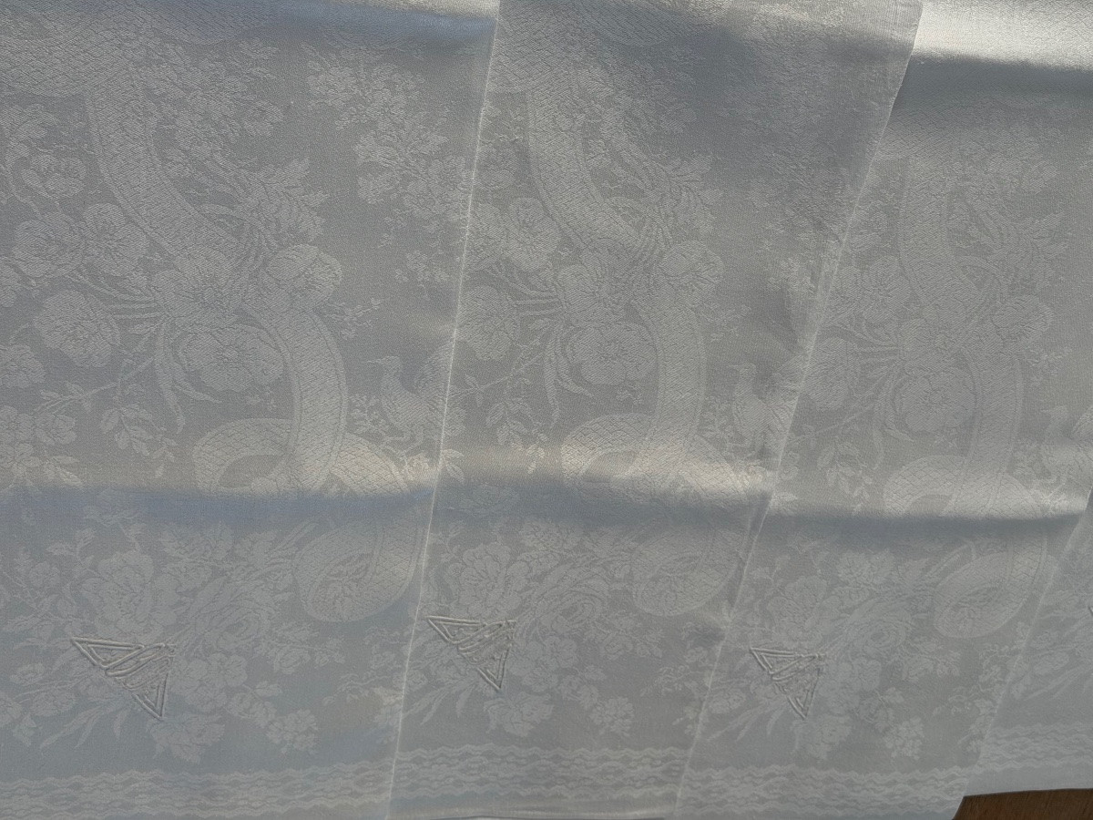 13 Antique Silk And Linen Napkins, Damask With Birds, Monogrammed Dd, Early 20th Century, 91x76cm-photo-2