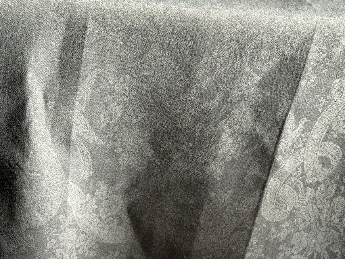 13 Antique Silk And Linen Napkins, Damask With Birds, Monogrammed Dd, Early 20th Century, 91x76cm-photo-5