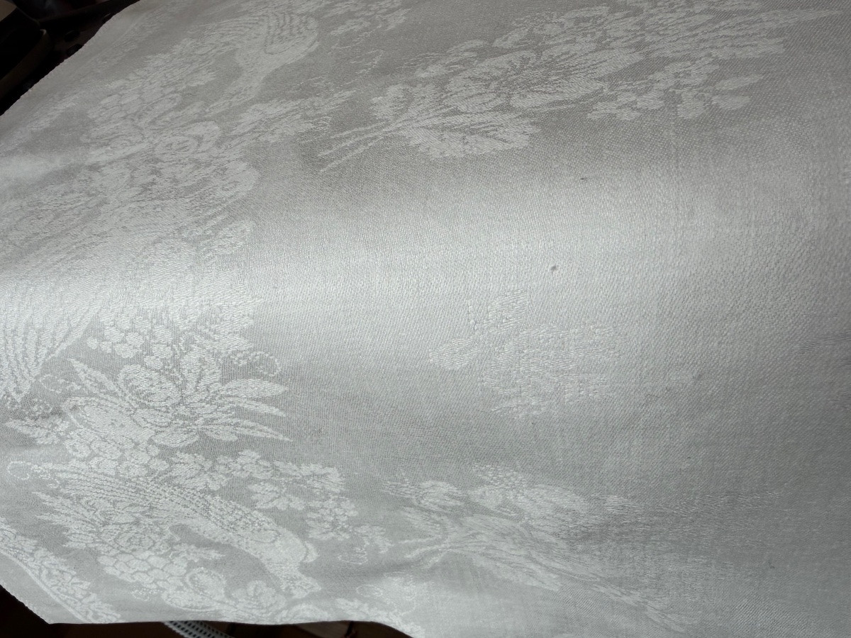 Large Antique Linen Damask Tablecloth, 346 X 133 Cm, Decorated With Birds And A Crowned Monogram Ab.-photo-4