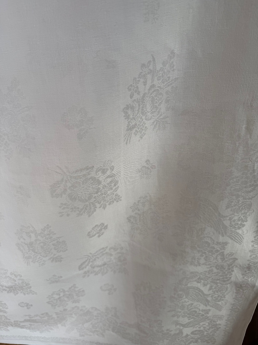 Large Antique Linen Damask Tablecloth, 346 X 133 Cm, Decorated With Birds And A Crowned Monogram Ab.-photo-5