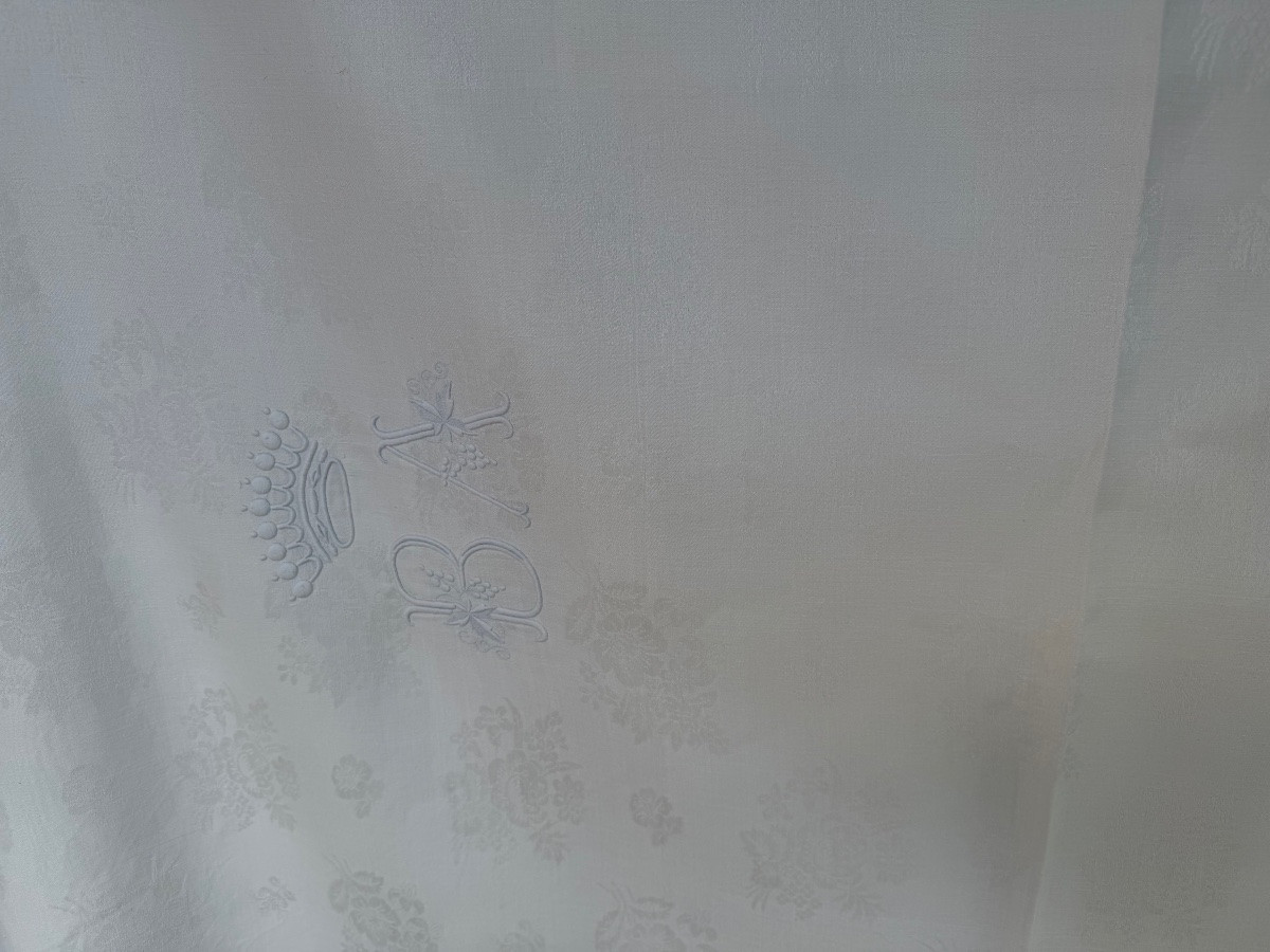 Large Antique Linen Damask Tablecloth, 346 X 133 Cm, Decorated With Birds And A Crowned Monogram Ab.-photo-6