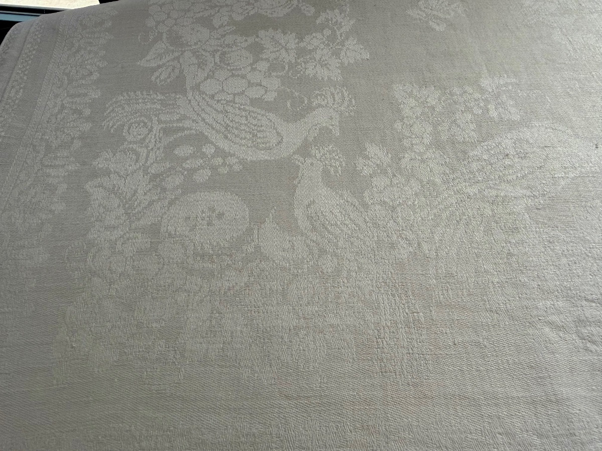 Large Antique Linen Damask Tablecloth, 346 X 133 Cm, Decorated With Birds And A Crowned Monogram Ab.-photo-7