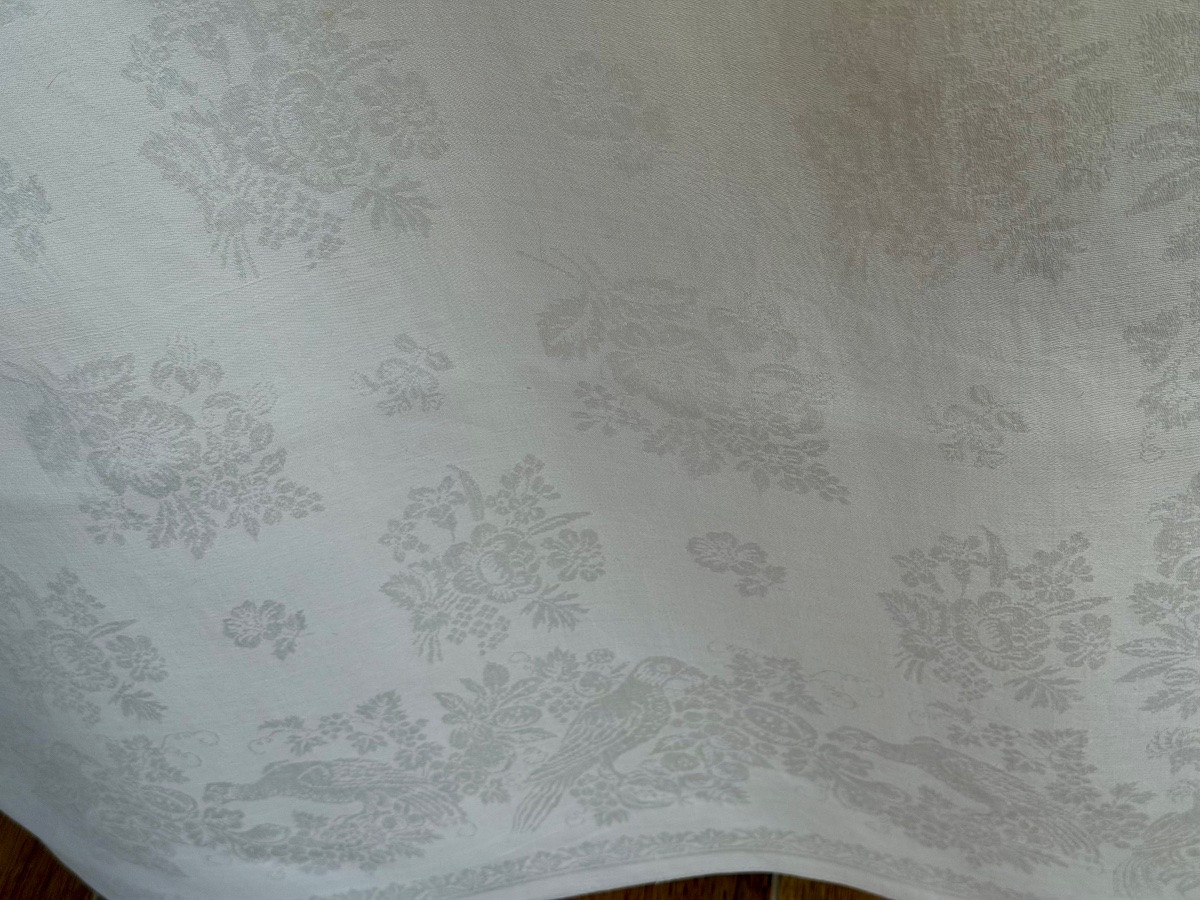Large Antique Linen Damask Tablecloth, 346 X 133 Cm, Decorated With Birds And A Crowned Monogram Ab.-photo-8