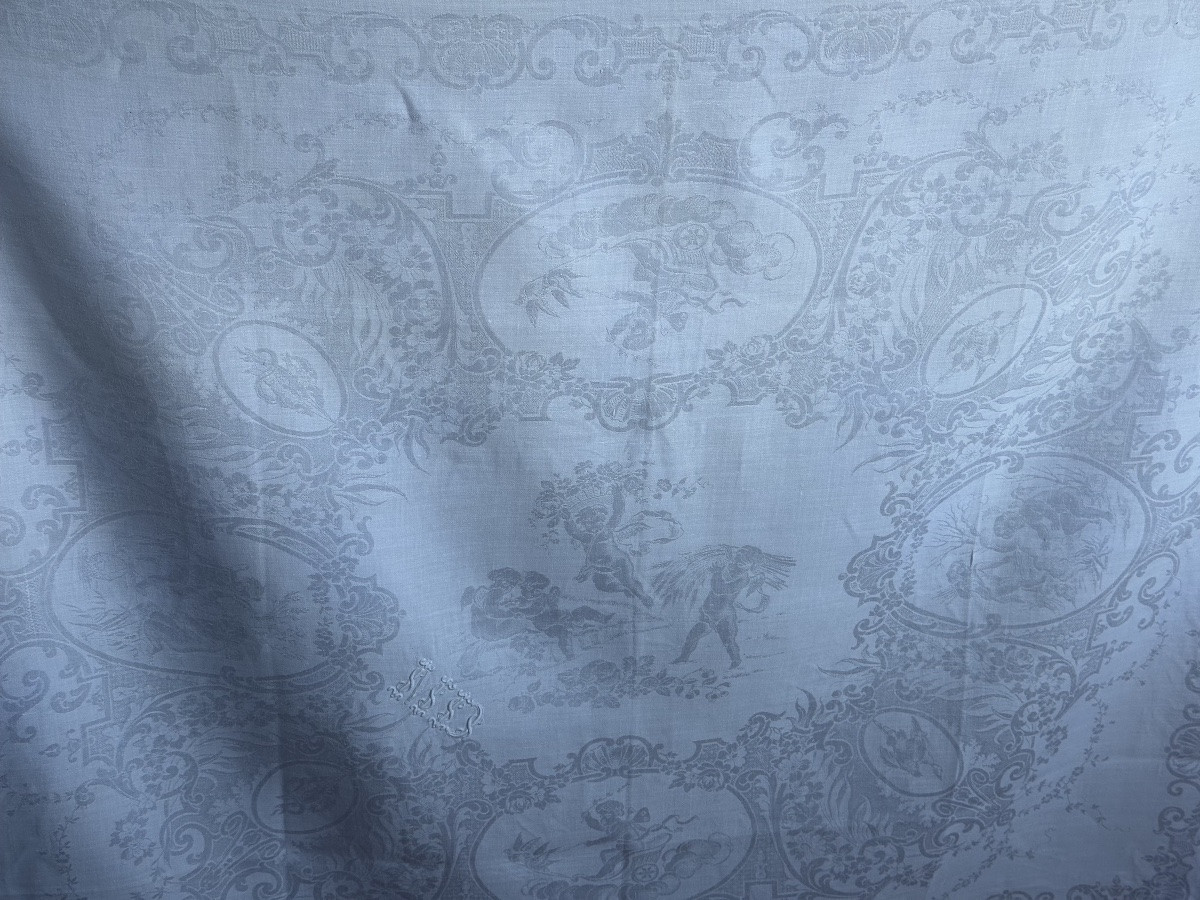 nappe ancienne 540 x 245 cm et 14 serviettes en damassé de lin et soie, décor figuratif angelot-photo-2