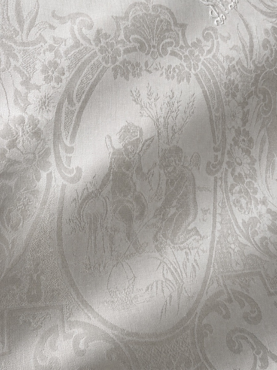 nappe ancienne 540 x 245 cm et 14 serviettes en damassé de lin et soie, décor figuratif angelot-photo-4