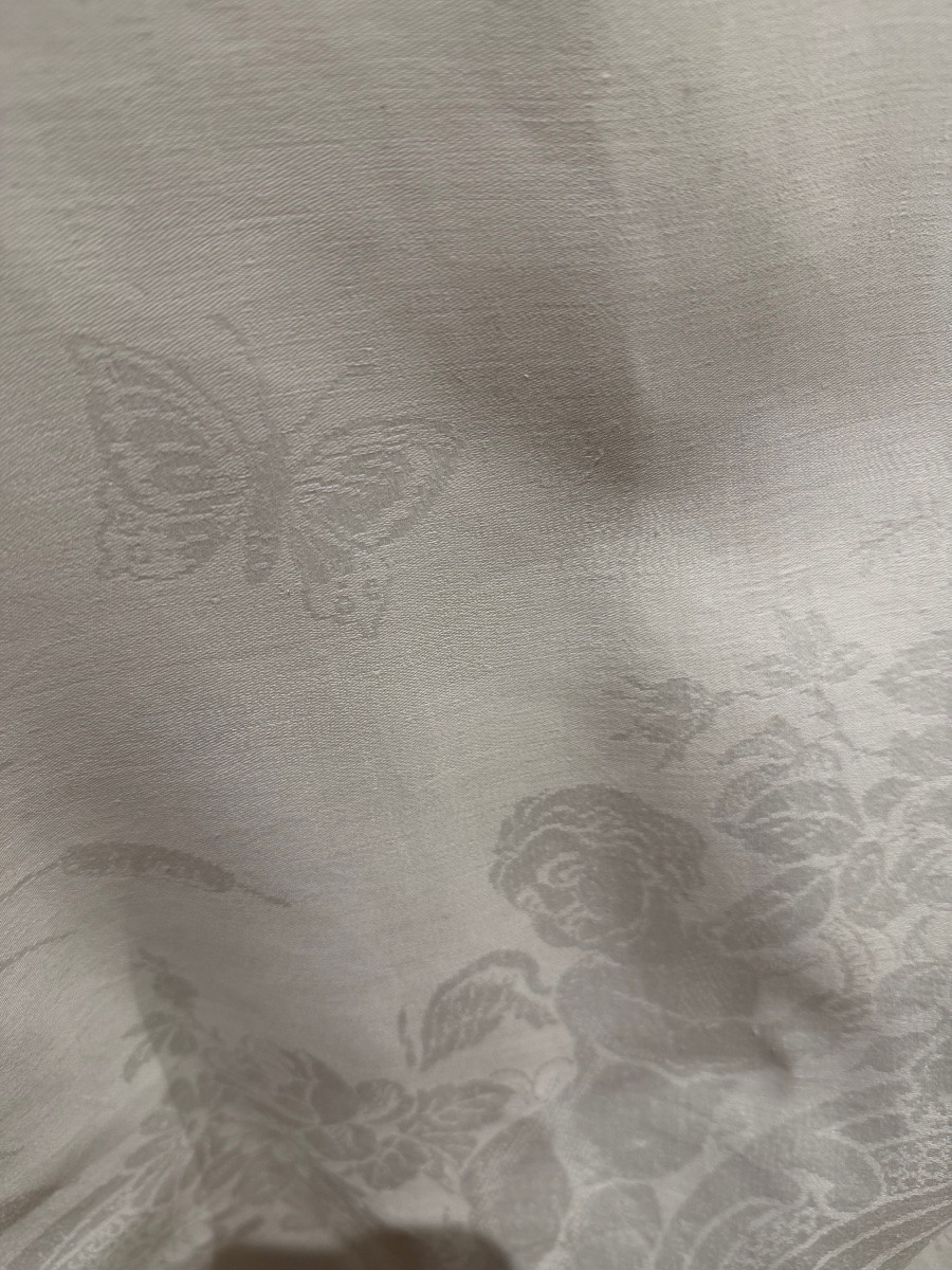 nappe ancienne 540 x 245 cm et 14 serviettes en damassé de lin et soie, décor figuratif angelot-photo-5