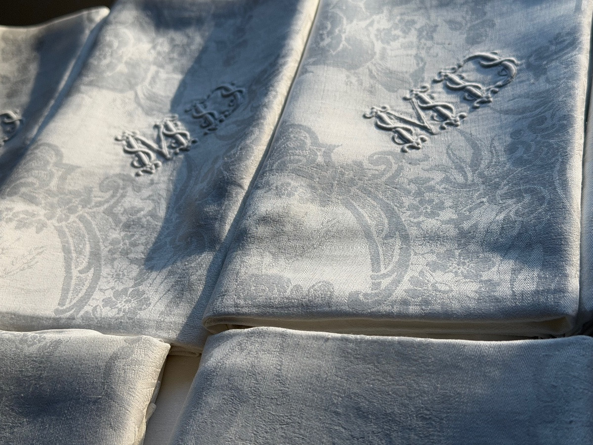 nappe ancienne 540 x 245 cm et 14 serviettes en damassé de lin et soie, décor figuratif angelot-photo-3