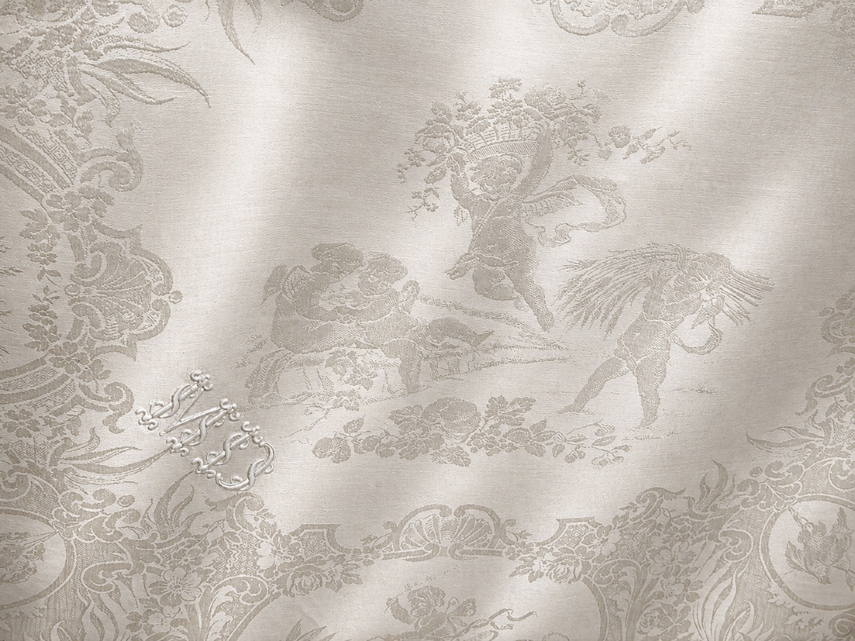 nappe ancienne 540 x 245 cm et 14 serviettes en damassé de lin et soie, décor figuratif angelot-photo-5