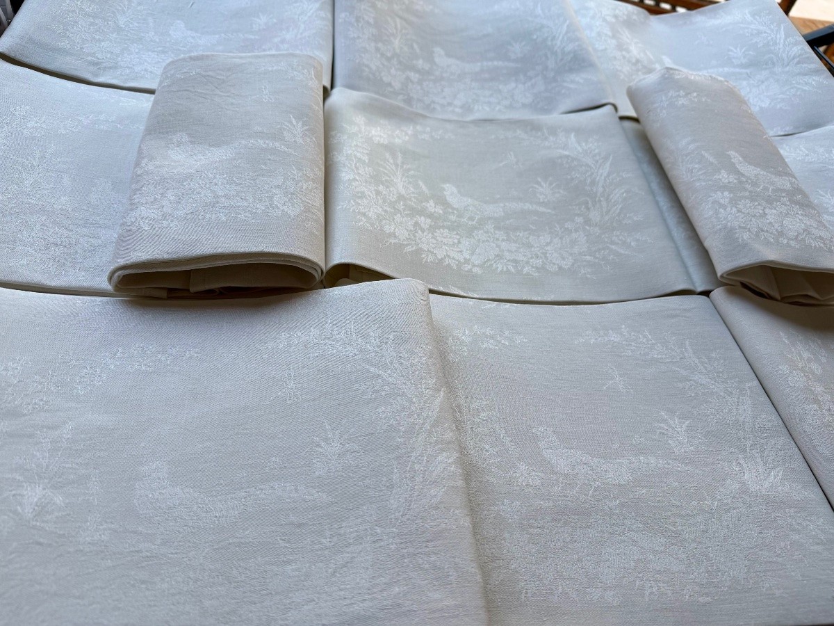 12 Vintage Damask Napkins Decorated With Ducks And Pheasants, 85x65 Cm, With Free Monogram Embroidery-photo-2