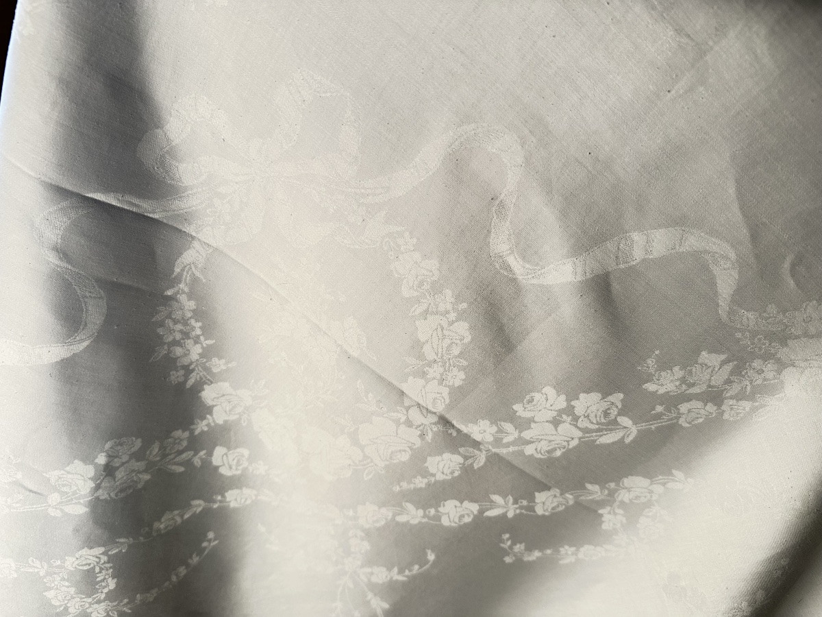 Grande nappe de réception 430 x 230 cm lin et soie, damassé double monogramme RP, Belle Époque-photo-2