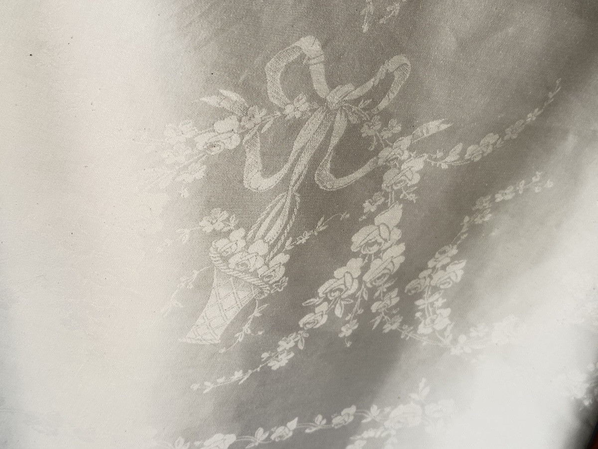 Grande nappe de réception 430 x 230 cm lin et soie, damassé double monogramme RP, Belle Époque-photo-6