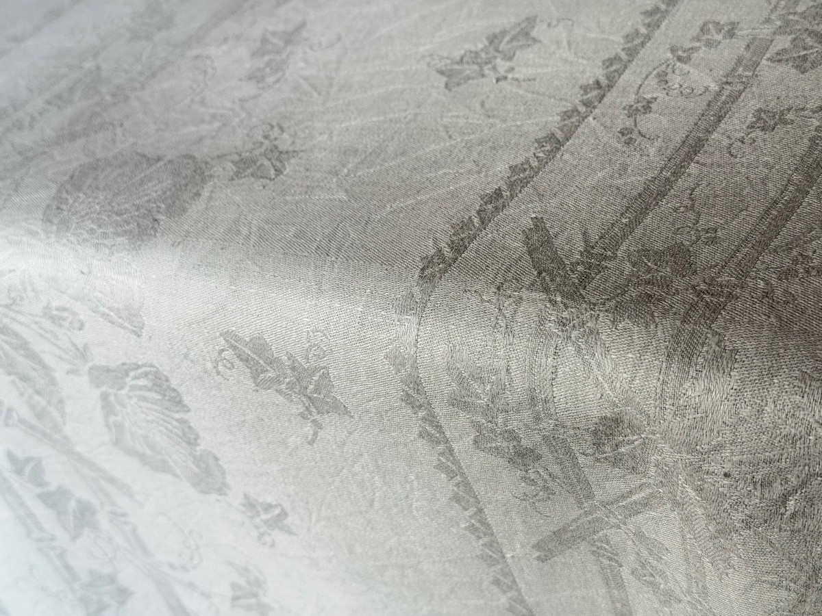 Très grande nappe ancienne damassée 520 x 180 cm, lin et coton, décor floral et rubans-photo-3