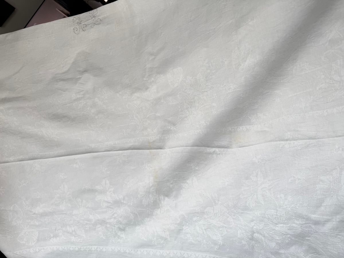 Très grande nappe ancienne damassée 520 x 180 cm, lin et coton, décor floral et rubans-photo-5