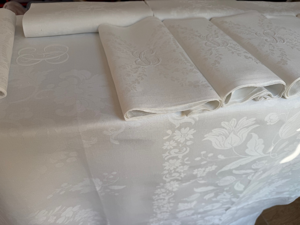 Antique Damask Linen-silk Table Linen Set – 2.90 X 2.05 M – 11 Large Napkins – Mo-photo-4