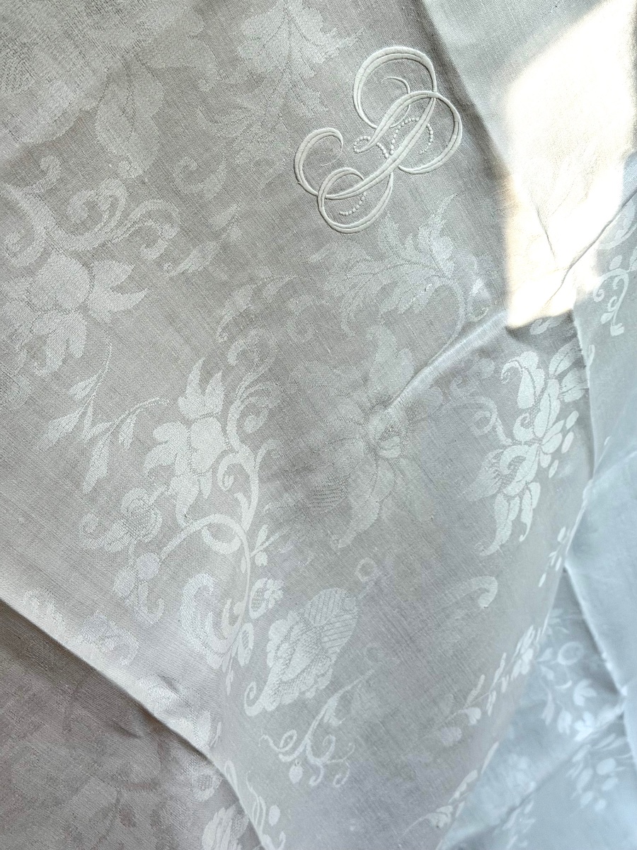 Antique Damask Linen-silk Table Linen Set – 2.90 X 2.05 M – 11 Large Napkins – Mo-photo-2