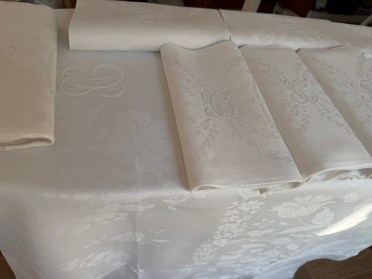 Antique Damask Linen-silk Table Linen Set – 2.90 X 2.05 M – 11 Large Napkins – Mo-photo-7