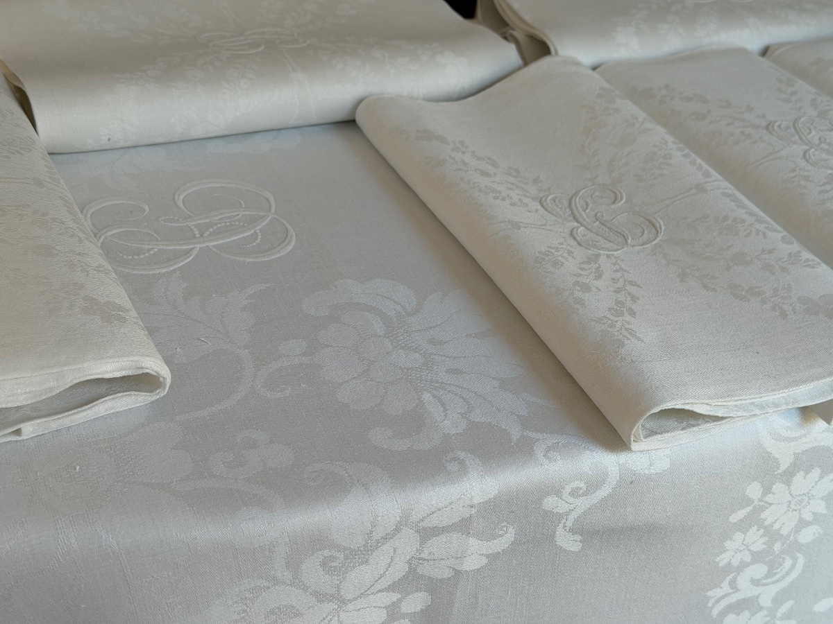 Antique Damask Linen-silk Table Linen Set – 2.90 X 2.05 M – 11 Large Napkins – Mo