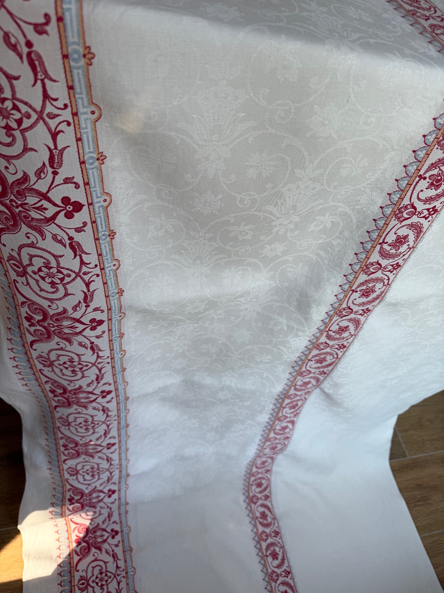 Large Napoleon III-style Damask Tablecloth – Red And Blue Printed Pattern – 200 X 170 Cm-photo-2