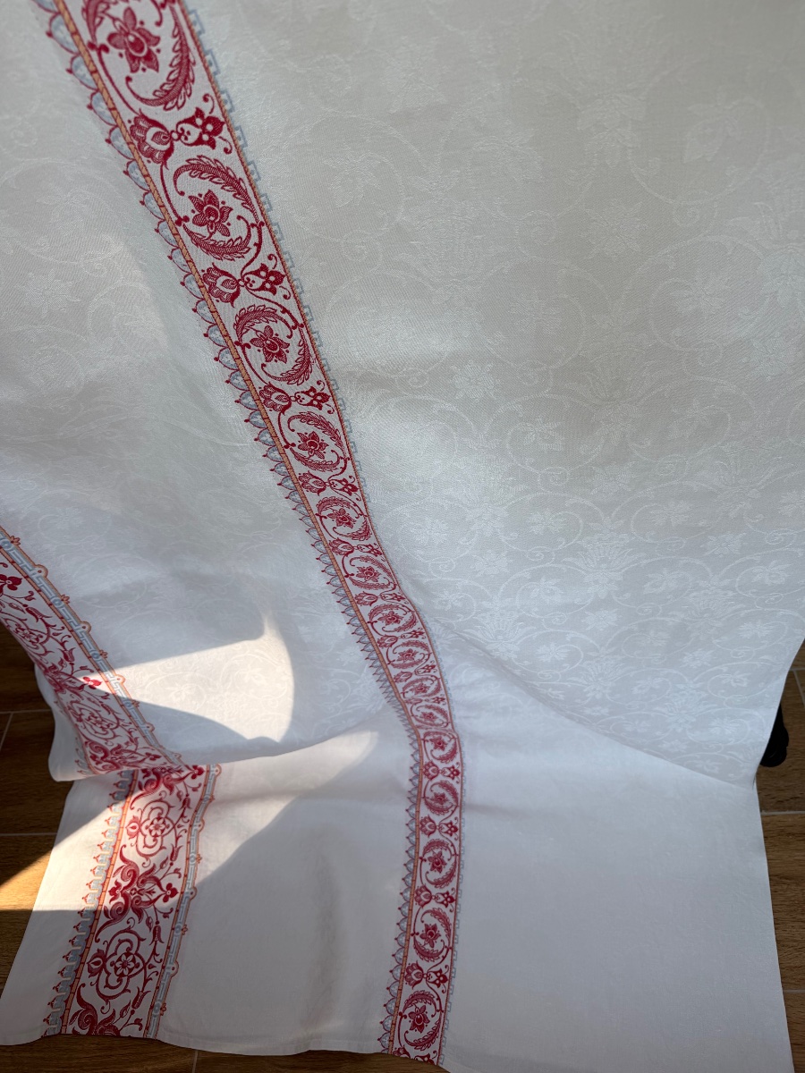 Large Napoleon III-style Damask Tablecloth – Red And Blue Printed Pattern – 200 X 170 Cm