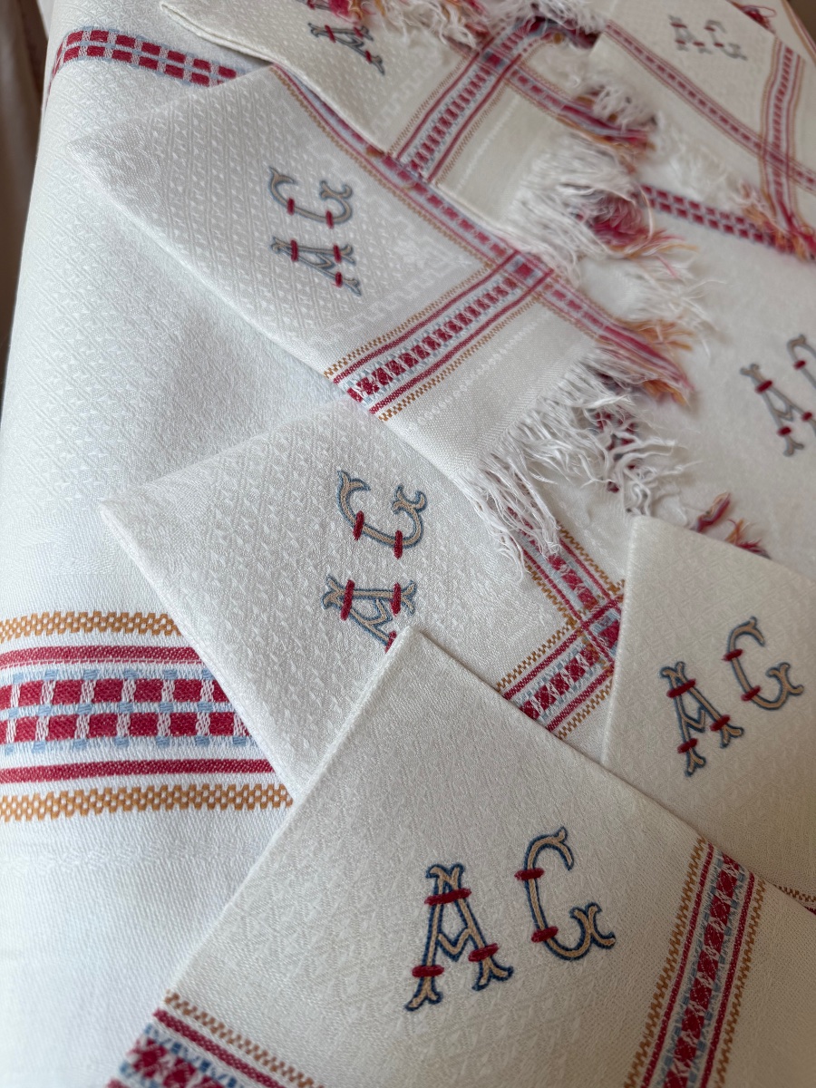 Ancienne nappe à thé  damassée et ses 9 serviettes – Monogramme AG – Napoléon III / XIXᵉ siècle-photo-2