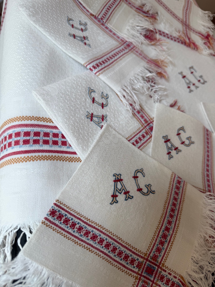 Ancienne nappe à thé  damassée et ses 9 serviettes – Monogramme AG – Napoléon III / XIXᵉ siècle-photo-4