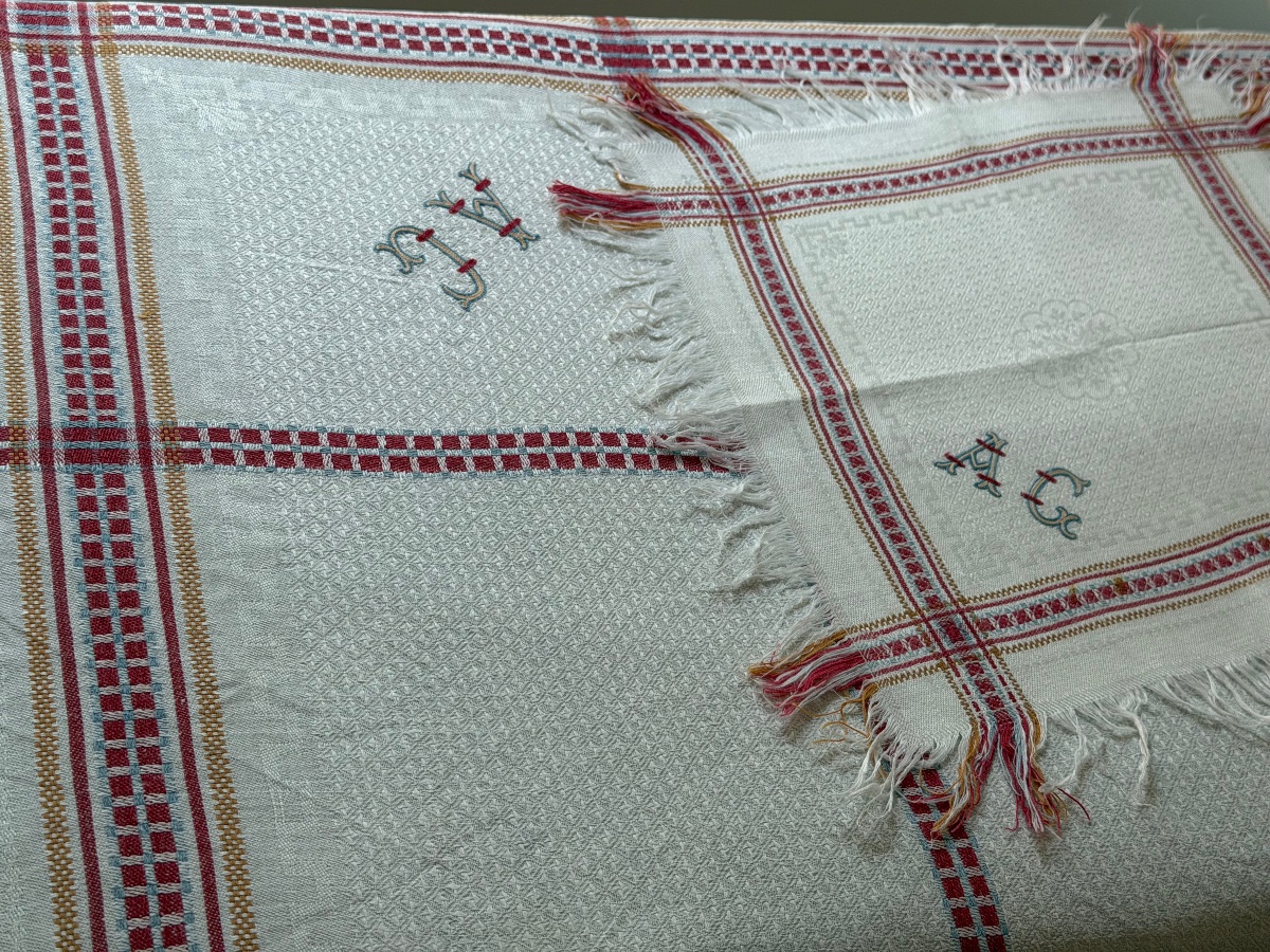 Ancienne nappe à thé  damassée et ses 9 serviettes – Monogramme AG – Napoléon III / XIXᵉ siècle-photo-6