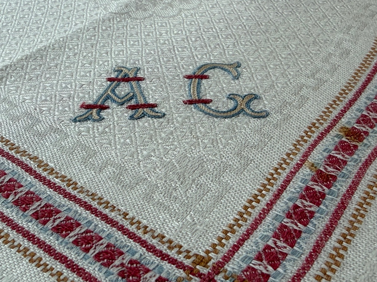 Ancienne nappe à thé  damassée et ses 9 serviettes – Monogramme AG – Napoléon III / XIXᵉ siècle-photo-7